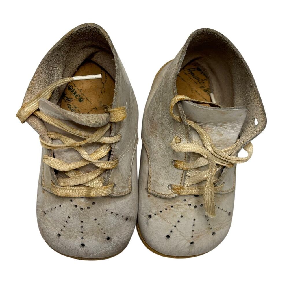 Vintage Mid Century White Punched Leather Lace Up Baby Shoes Pair